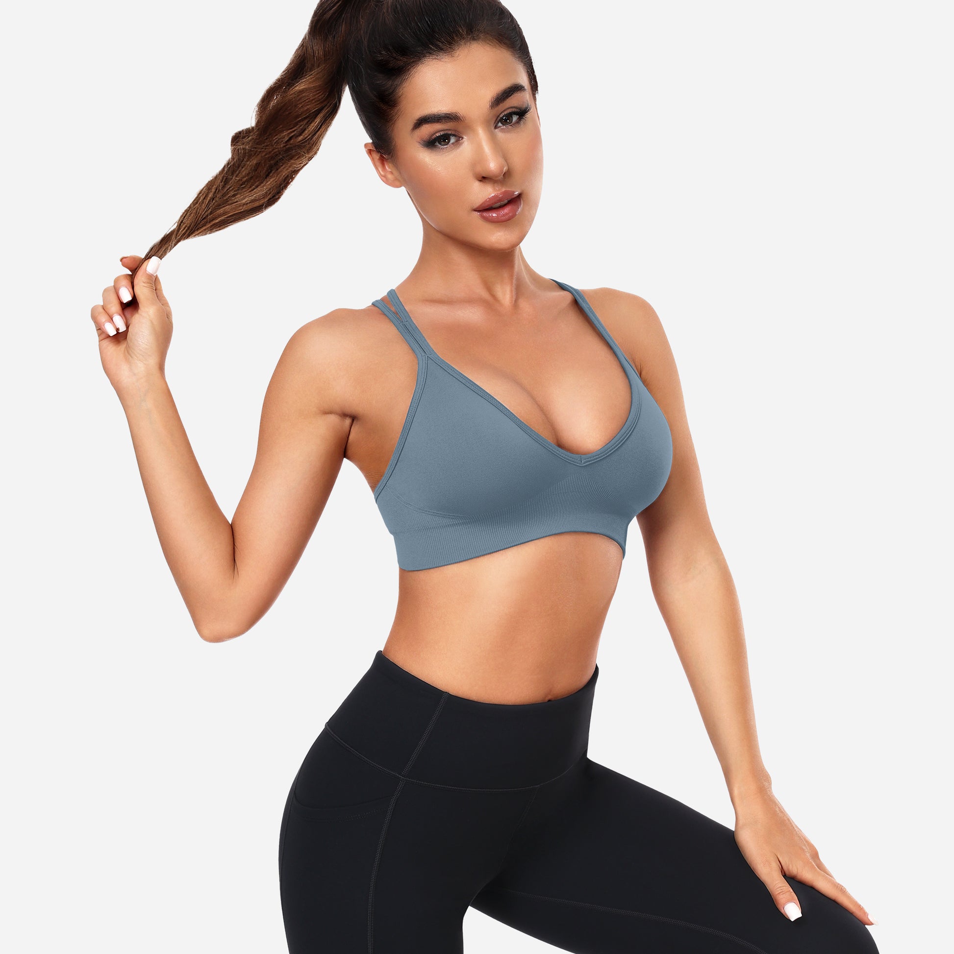 VEQING Seamless V-Neck Women Sports Bras for Small Chests Blue