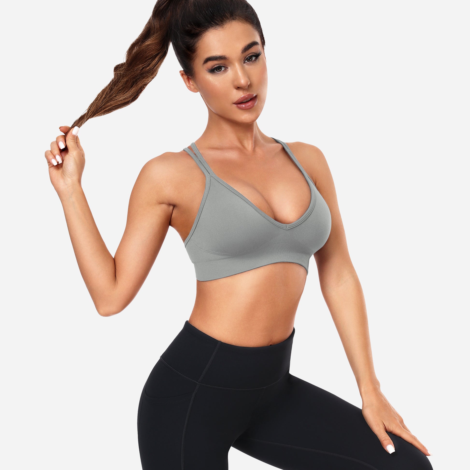 VEQING Seamless V-Neck Women Sports Bras for Small Chests Grey