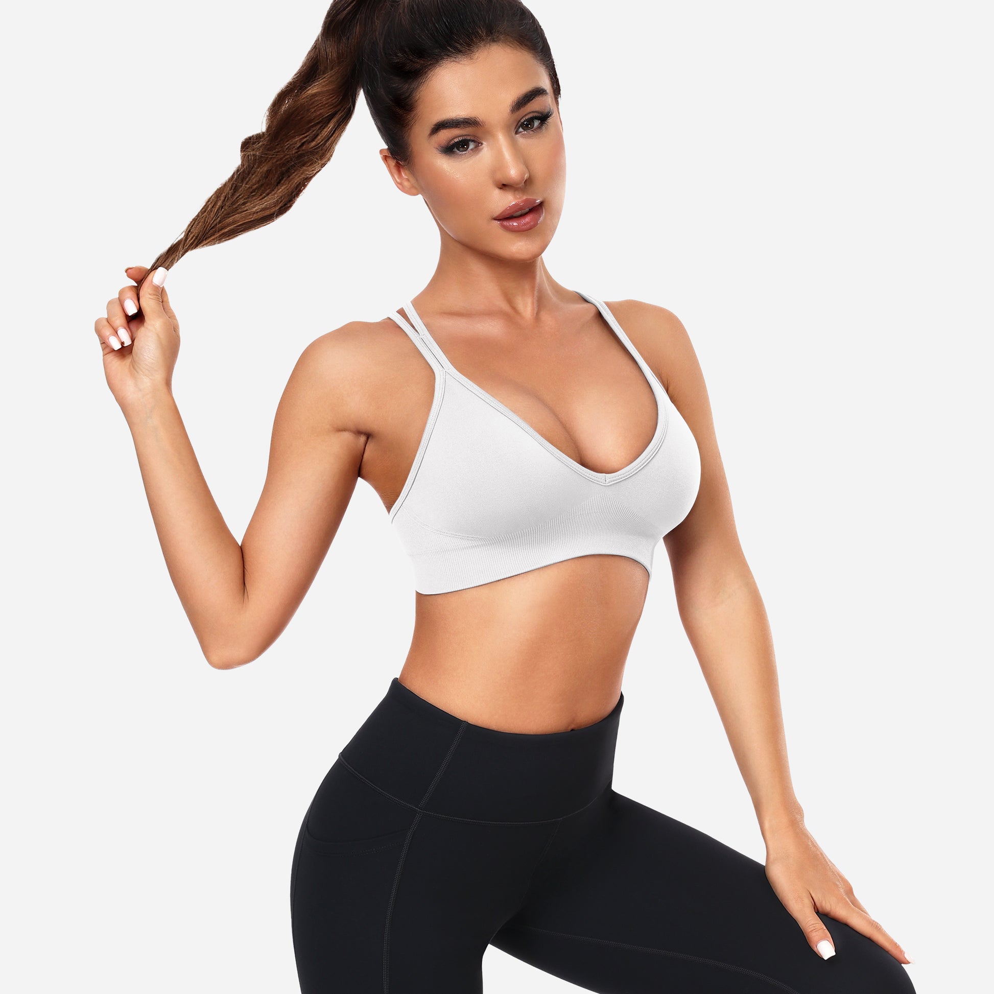 VEQING Seamless V-Neck Women Sports Bras for Small Chests White