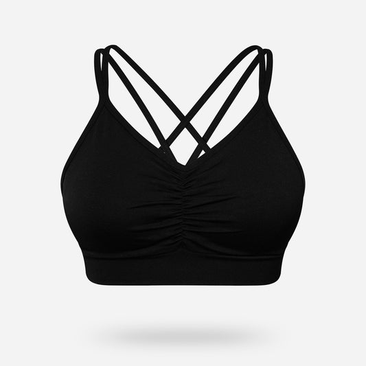 VEQKING Ruched Sports Bras for Women Large Bust, Seamless Padded Strappy Medium Support Yoga Bra Black