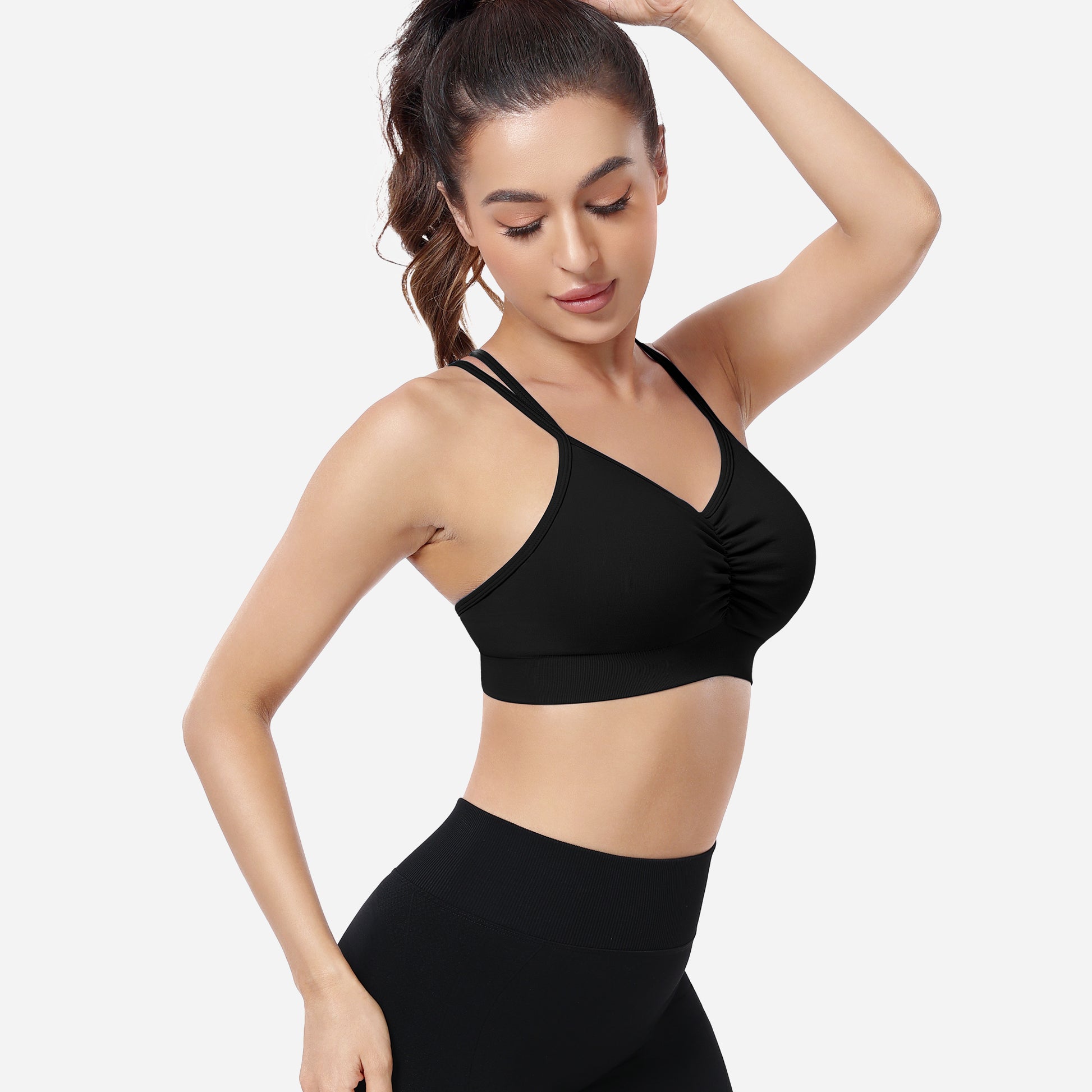 VEQKING Ruched Sports Bras for Women Large Bust, Seamless Padded Strappy Medium Support Yoga Bra Black