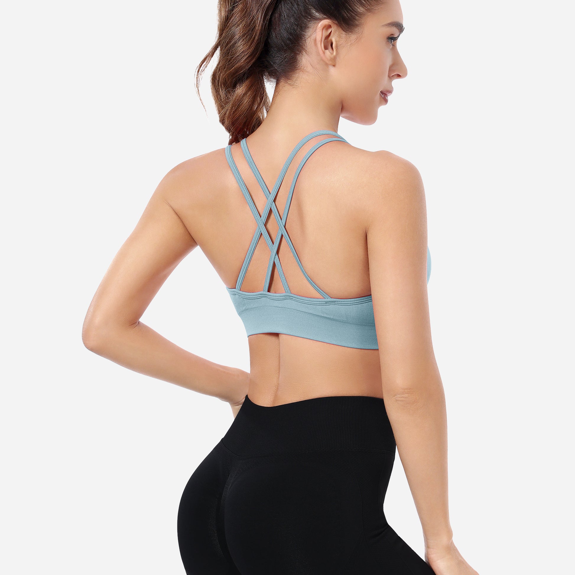 VEQKING Ruched Sports Bras for Women Large Bust, Seamless Padded Strappy Medium Support Yoga Bra Blue