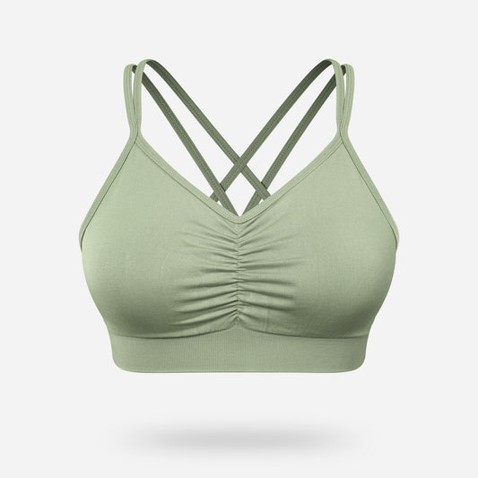 VEQKING Ruched Sports Bras for Women Large Bust, Seamless Padded Strappy Medium Support Yoga Bra Green