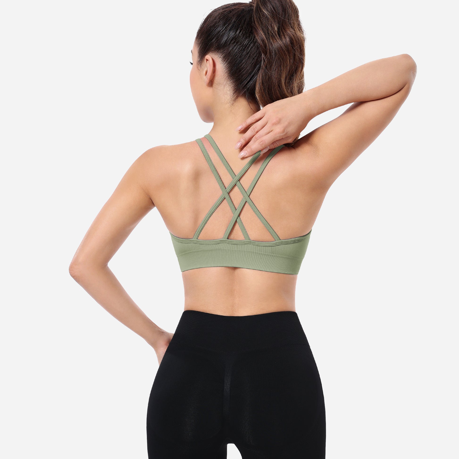 VEQKING Ruched Sports Bras for Women Large Bust, Seamless Padded Strappy Medium Support Yoga Bra Green