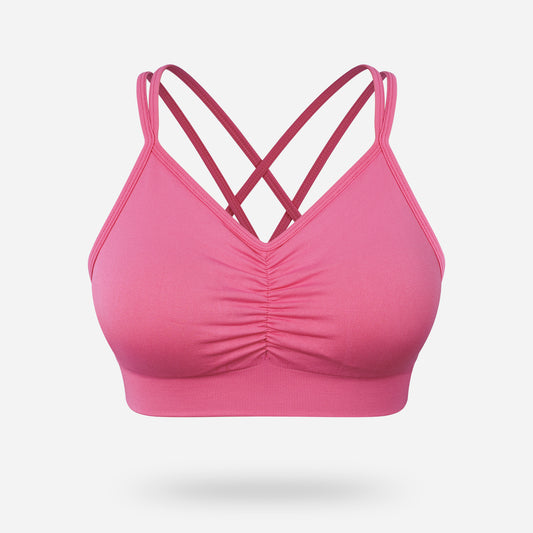 VEQKING Ruched Sports Bras for Women Large Bust, Seamless Padded Strappy Medium Support Yoga Bra Hot Pink