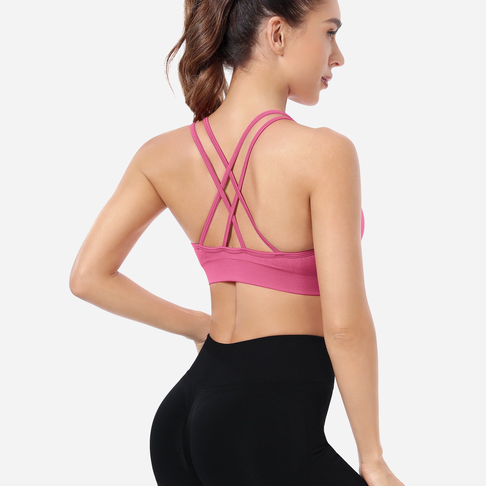 VEQKING Ruched Sports Bras for Women Large Bust, Seamless Padded Strappy Medium Support Yoga Bra Hot Pink
