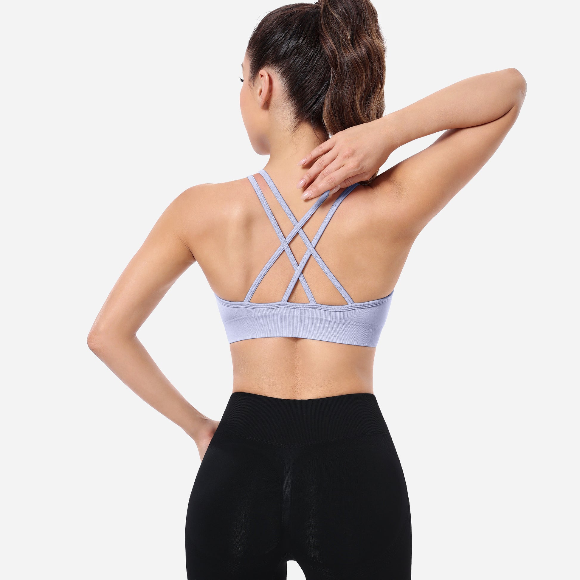 VEQKING Ruched Sports Bras for Women Large Bust, Seamless Padded Strappy Medium Support Yoga Bra Light Purple