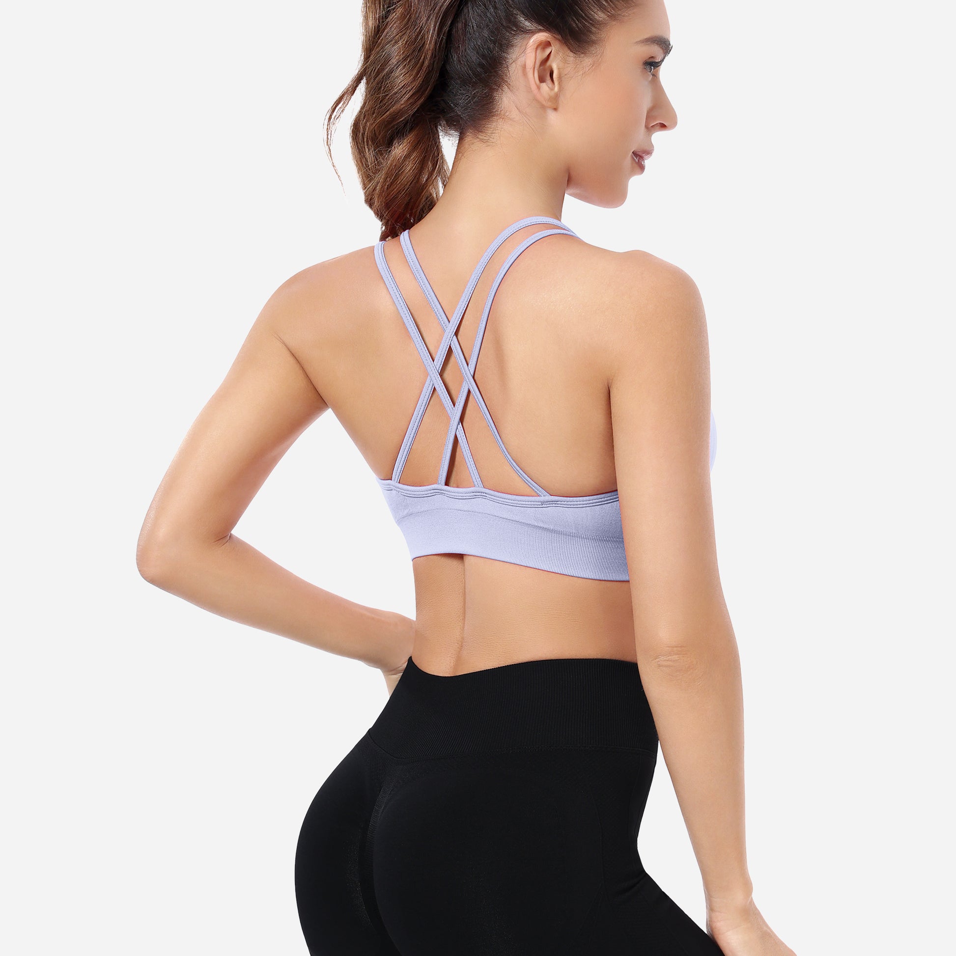 VEQKING Ruched Sports Bras for Women Large Bust, Seamless Padded Strappy Medium Support Yoga Bra Light Purple