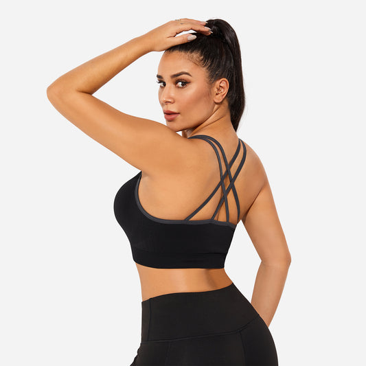 VEQKING Strappy Women's Sports Bras for Cross-Back Running with Removable Padding Black