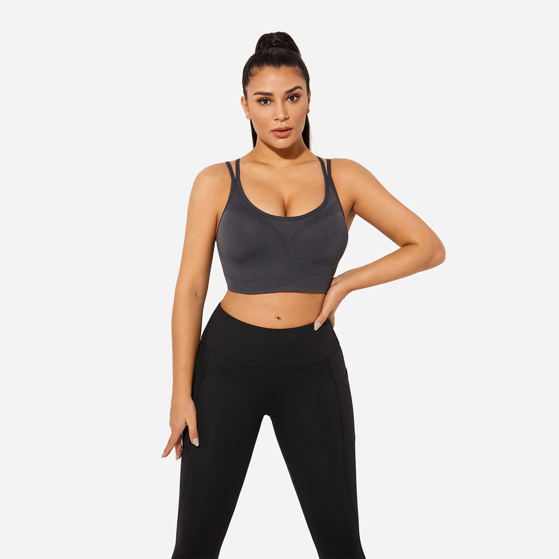 VEQKING Strappy Women's Sports Bras for Cross-Back Running with Removable Padding Grey