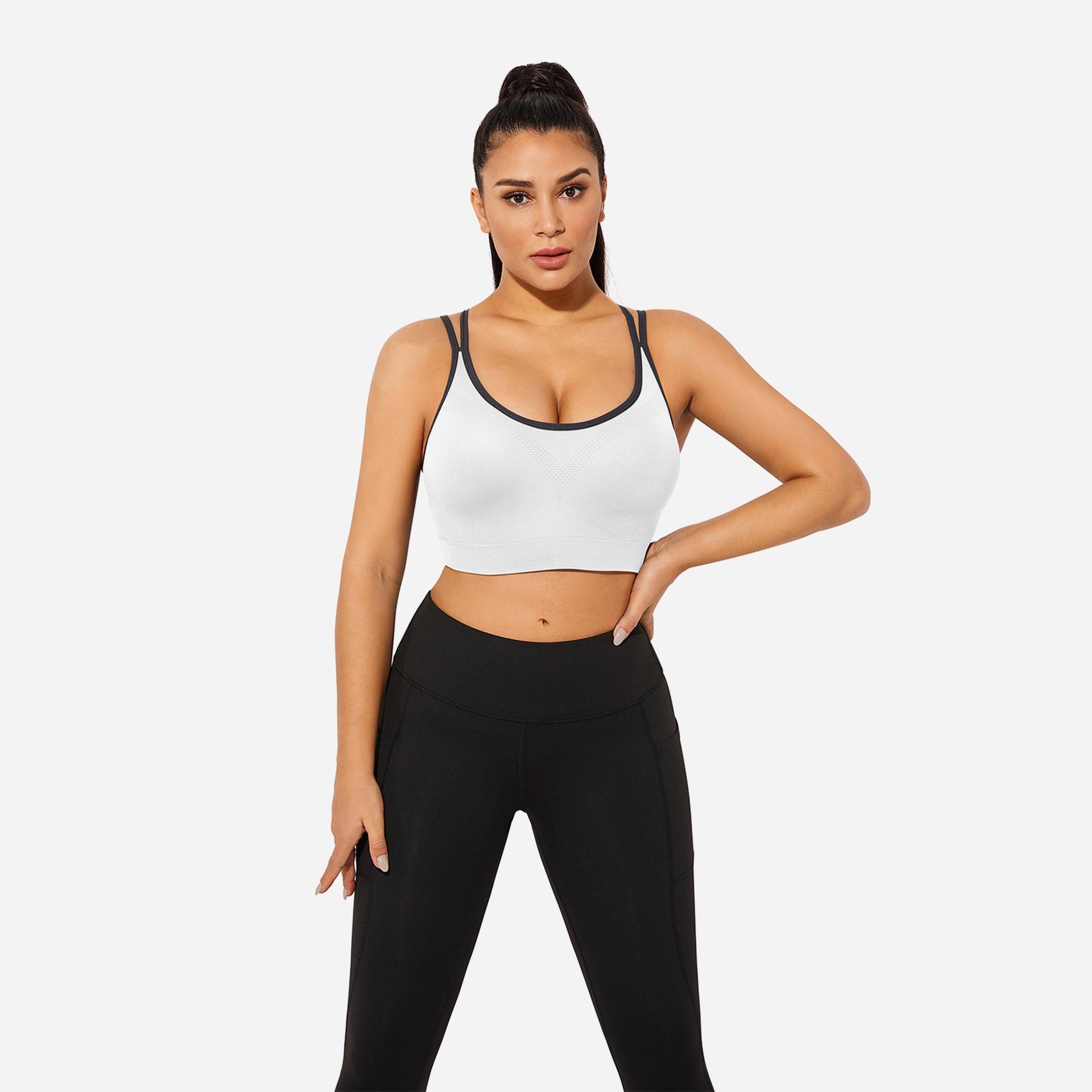 VEQKING Strappy Women's Sports Bras for Cross-Back Running with Removable Padding White