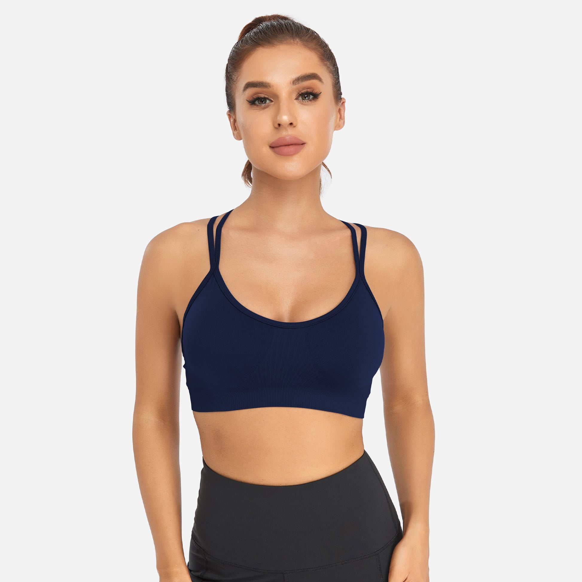 VEQKING Women's Cross Back Sports Bra Padded Strappy Medium Support Navy Blue