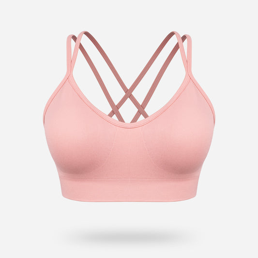 VEQKING Women's Cross Back Sports Bra Padded Strappy Medium Support Peach Pink