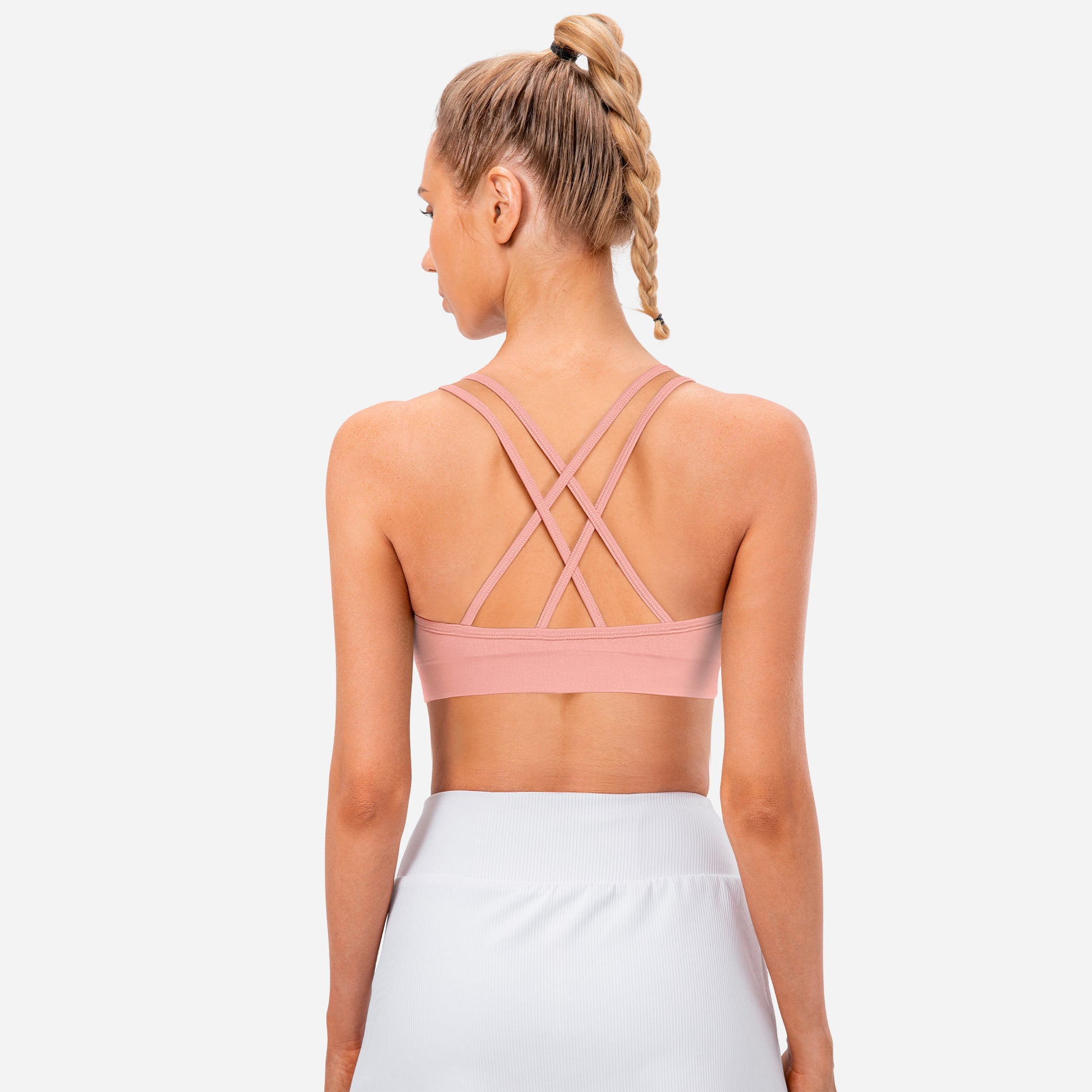 VEQKING Women's Cross Back Sports Bra Padded Strappy Medium Support Peach Pink