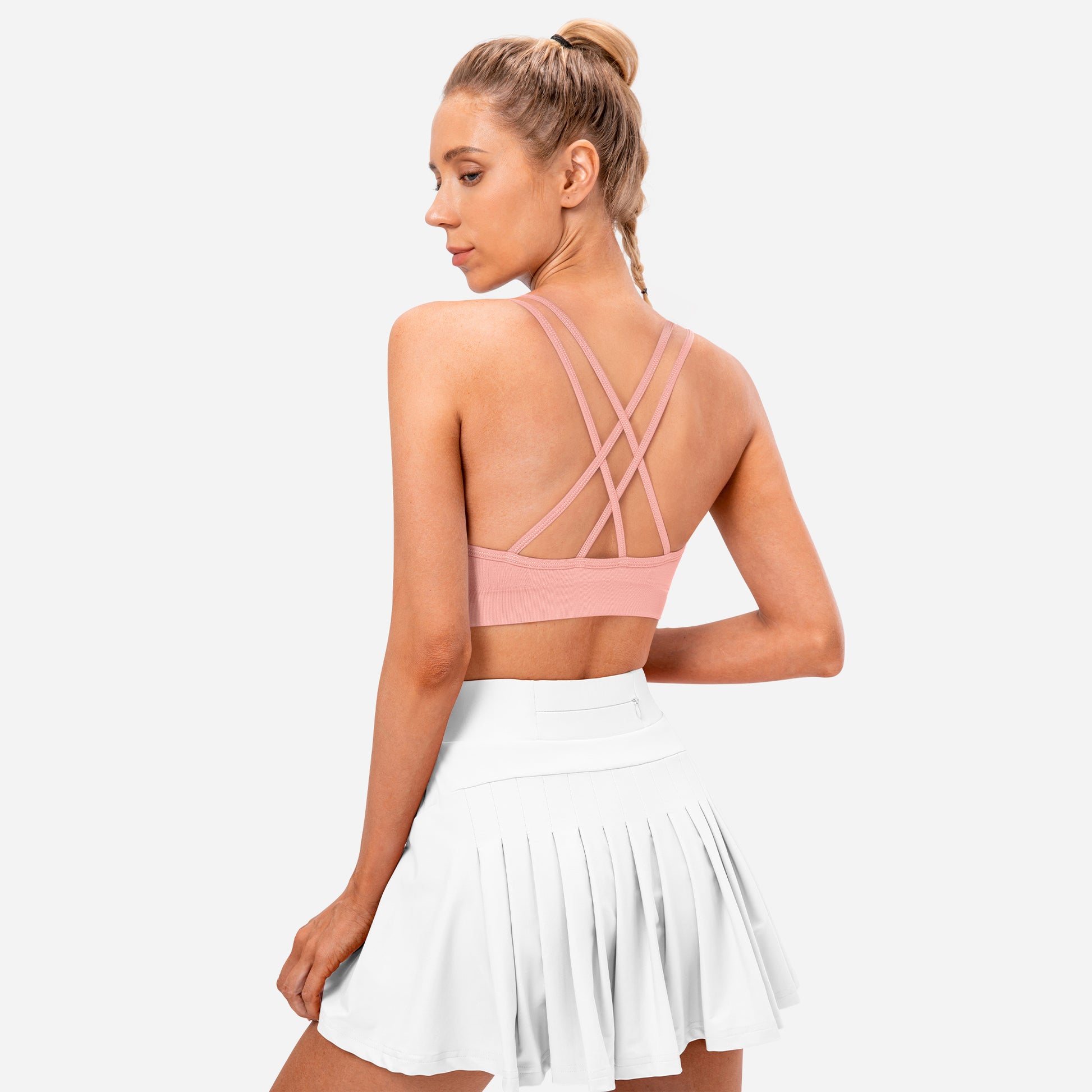 VEQKING Women's Cross Back Sports Bra Padded Strappy Medium Support Peach Pink