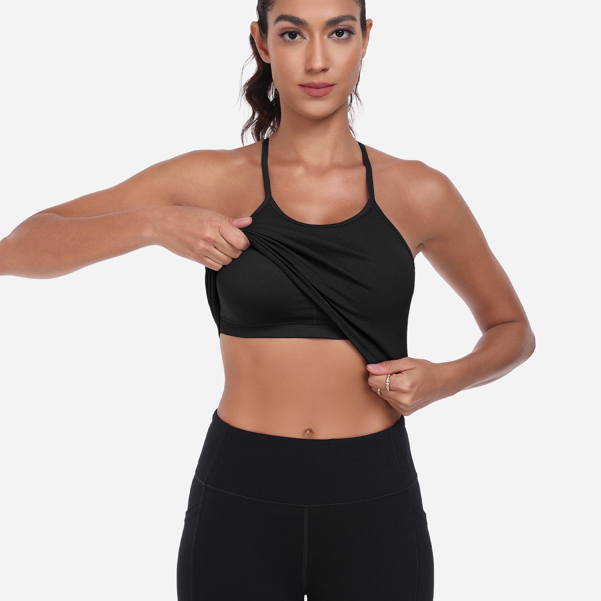 VEQKING Women's High Neck Seamless Ribbed Longline Yoga Tank Tops with Built-in Bra Black