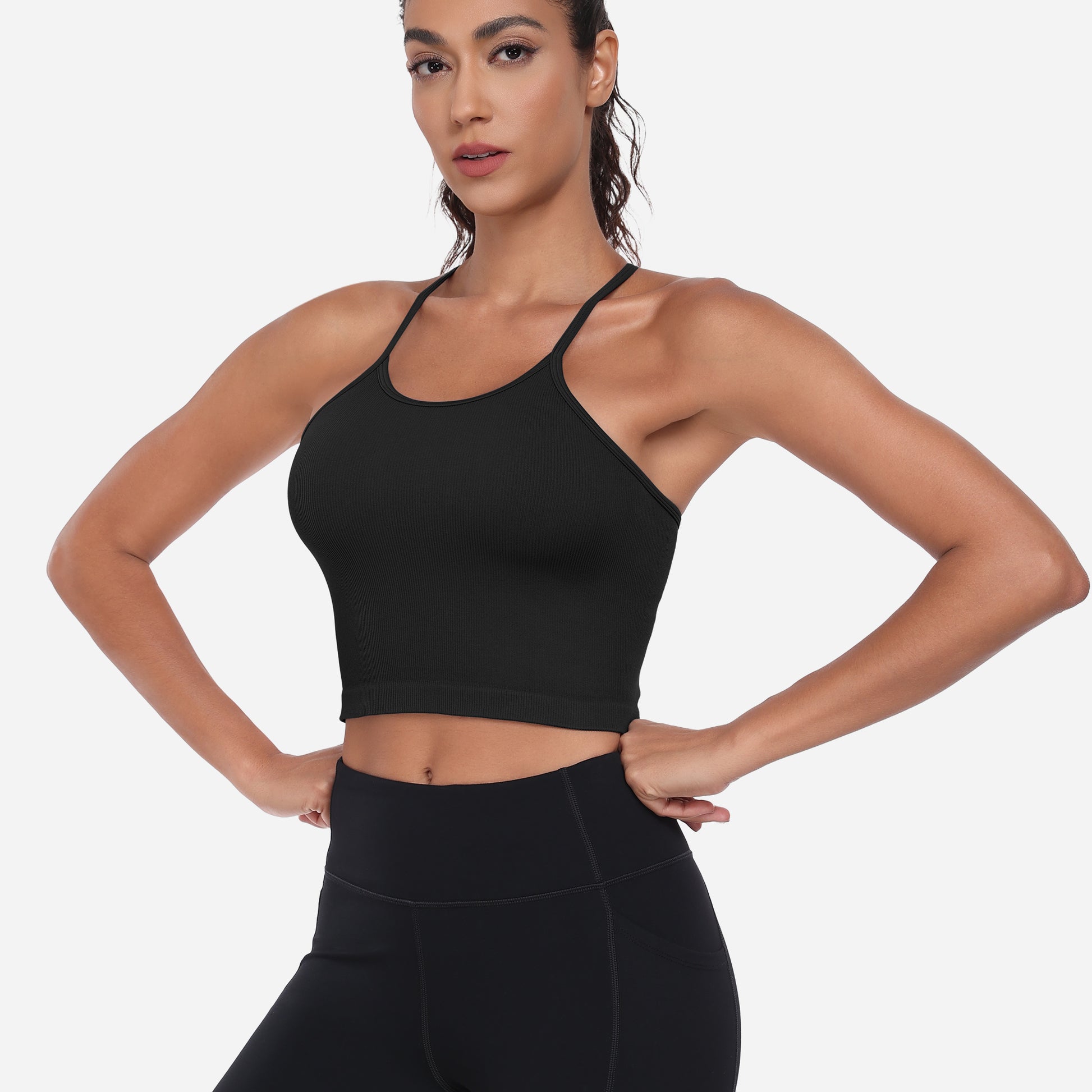 VEQKING Women's High Neck Seamless Ribbed Longline Yoga Tank Tops with Built-in Bra Black