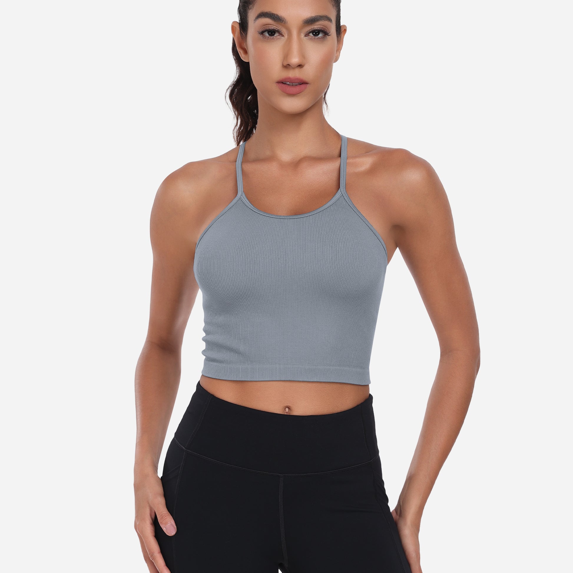 VEQKING Women's High Neck Seamless Ribbed Longline Yoga Tank Tops with Built-in Bra Grey