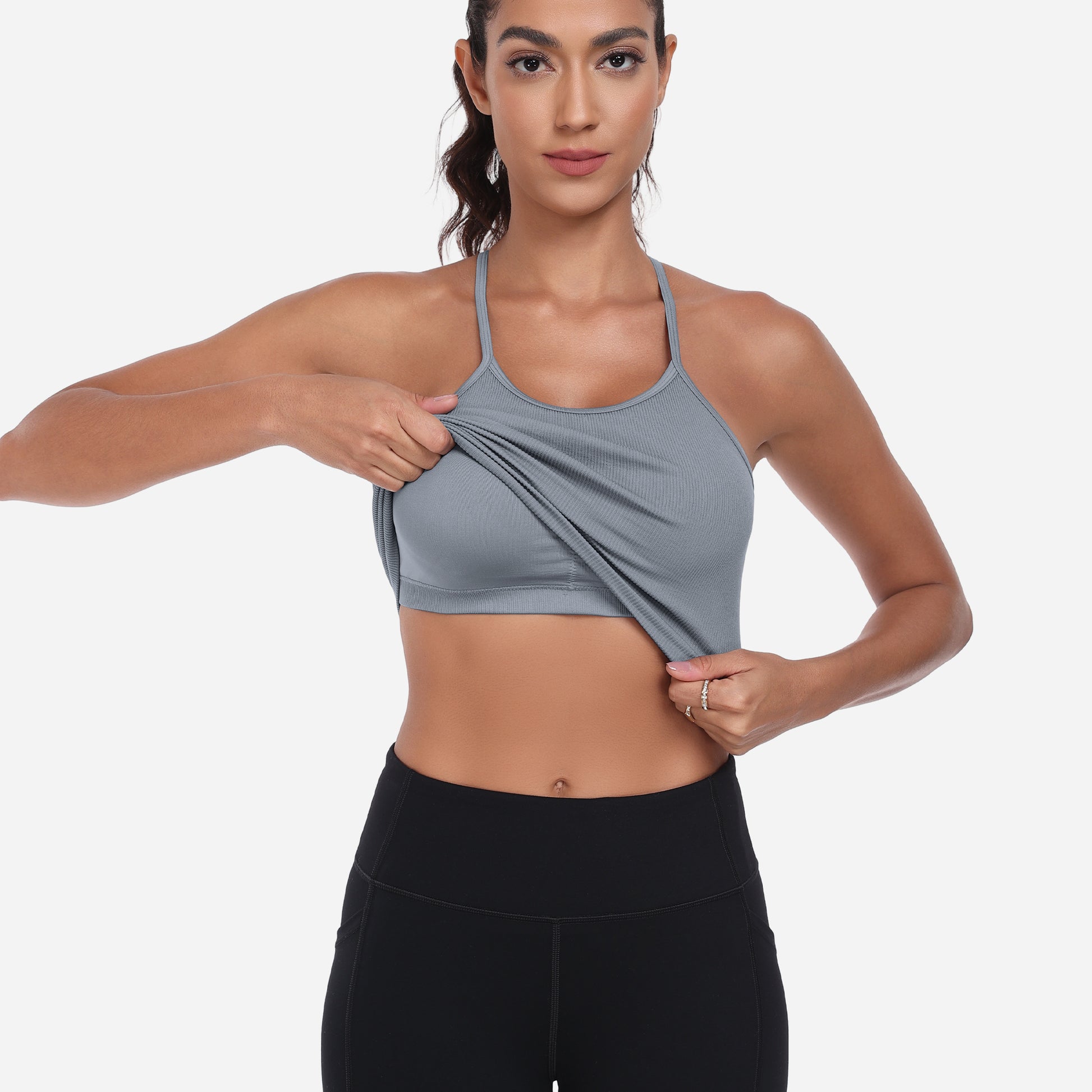 VEQKING Women's High Neck Seamless Ribbed Longline Yoga Tank Tops with Built-in Bra Grey