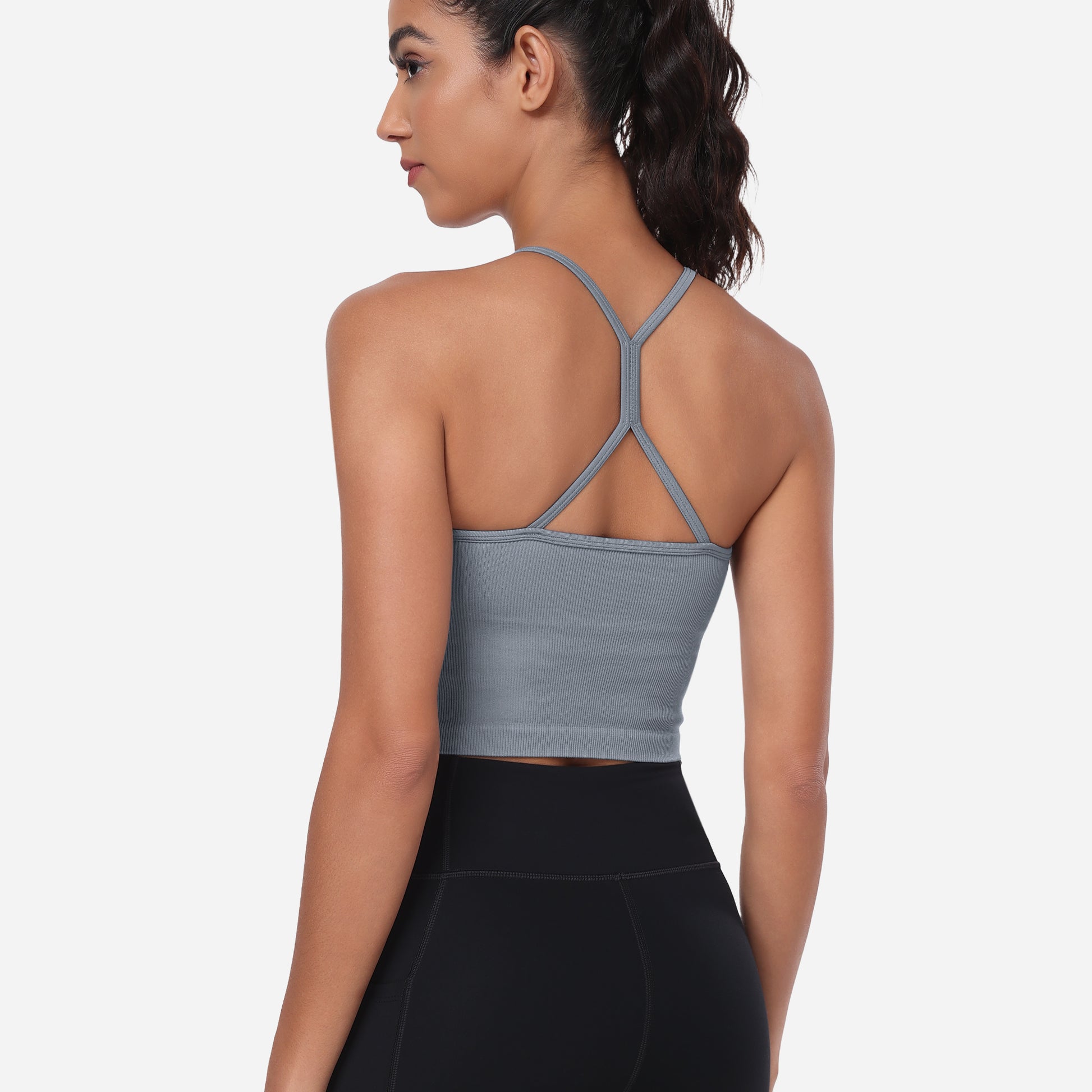VEQKING Women's High Neck Seamless Ribbed Longline Yoga Tank Tops with Built-in Bra Grey