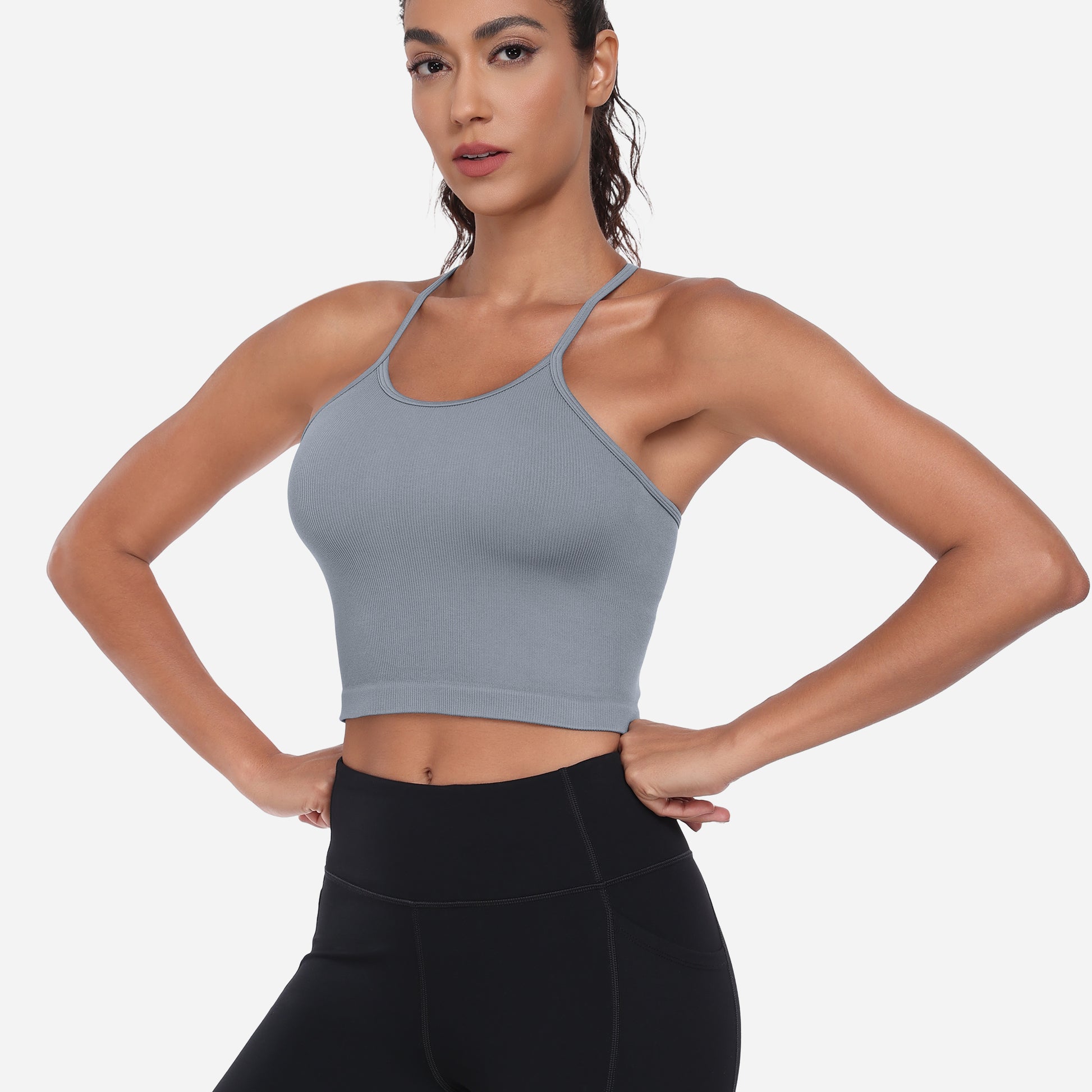 VEQKING Women's High Neck Seamless Ribbed Longline Yoga Tank Tops with Built-in Bra Grey