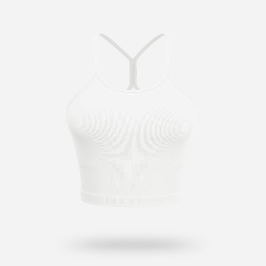 VEQKING Women's High Neck Seamless Ribbed Longline Yoga Tank Tops with Built-in Bra White