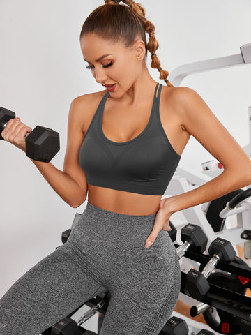 VEQKING Strappy Women's Sports Bras for Cross-Back Running with Removable Padding Blue Grey