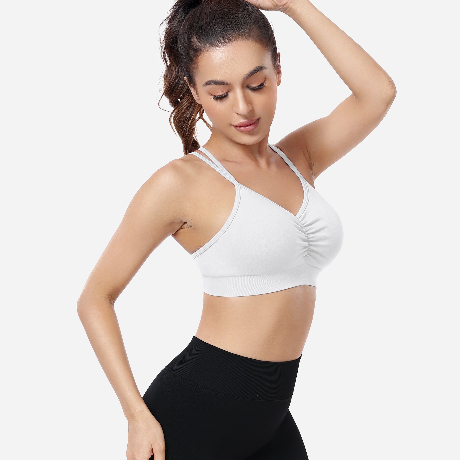 VEQKING Ruched Sports Bras for Women Large Bust, Seamless Padded Strappy Medium Support Yoga Bra White
