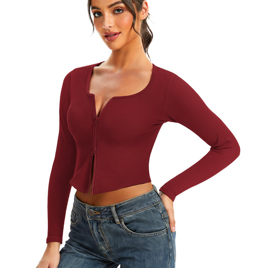 Double-Zip Fitted Cropped Cardigan