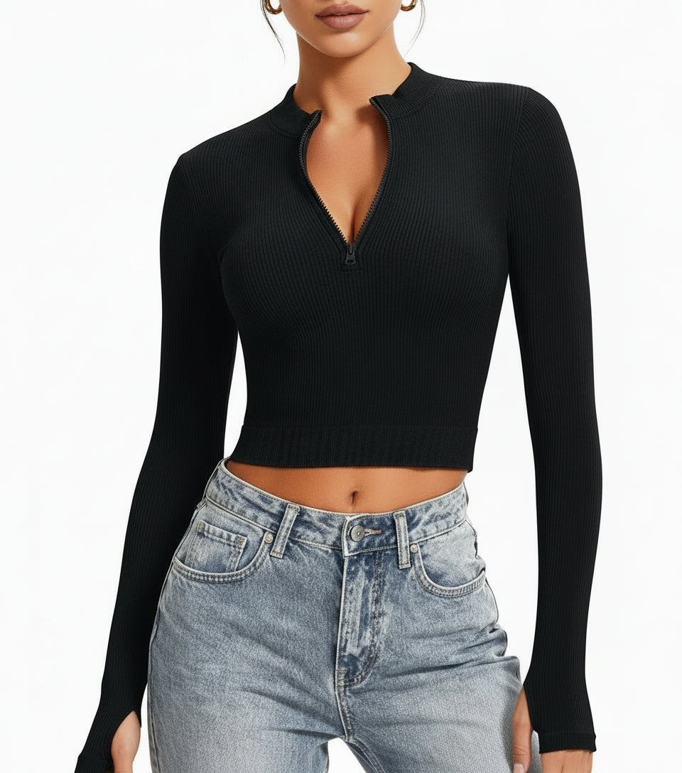 Ribbed Half-Zip Turtleneck Crop Top