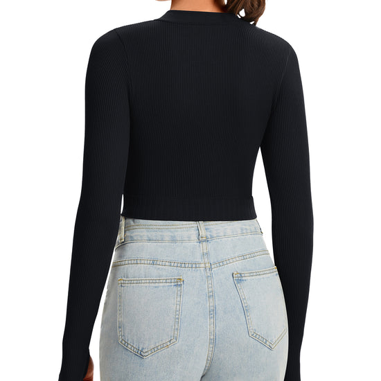 Ribbed Half-Zip Turtleneck Crop Top