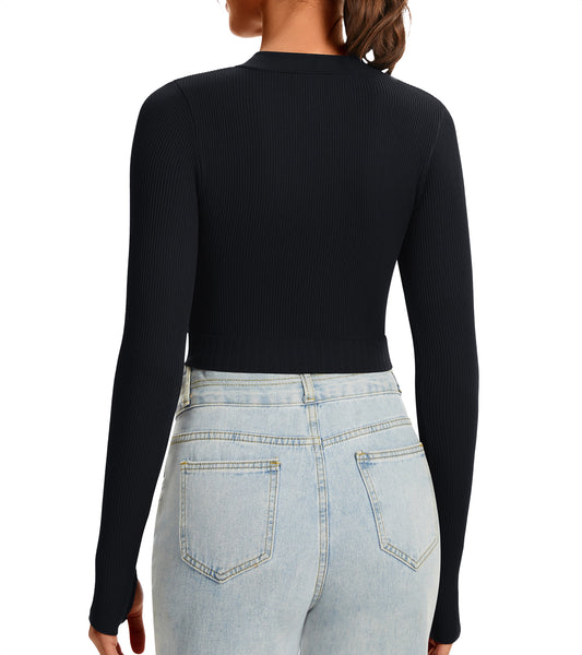 Ribbed Half-Zip Turtleneck Crop Top
