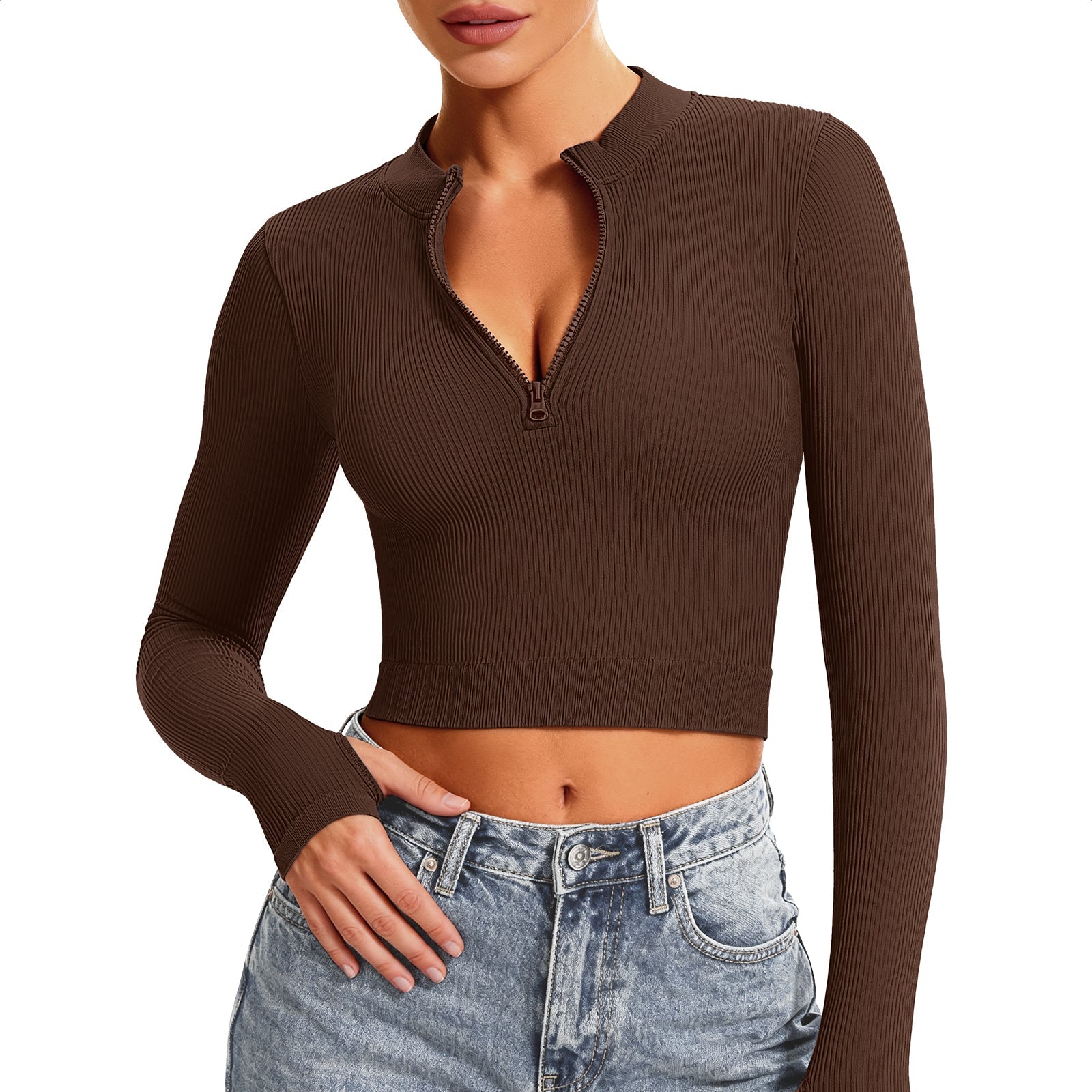 Ribbed Half-Zip Turtleneck Crop Top