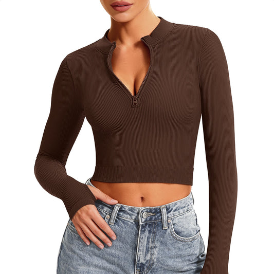 Ribbed Half-Zip Turtleneck Crop Top