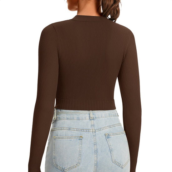 Ribbed Half-Zip Turtleneck Crop Top 