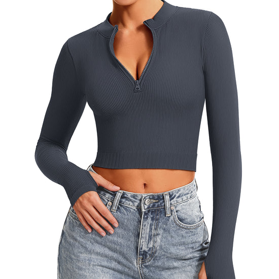 Ribbed Half-Zip Turtleneck Crop Top Grey