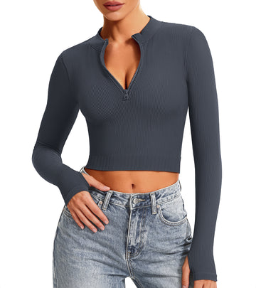 Ribbed Half-Zip Turtleneck Crop Top Grey
