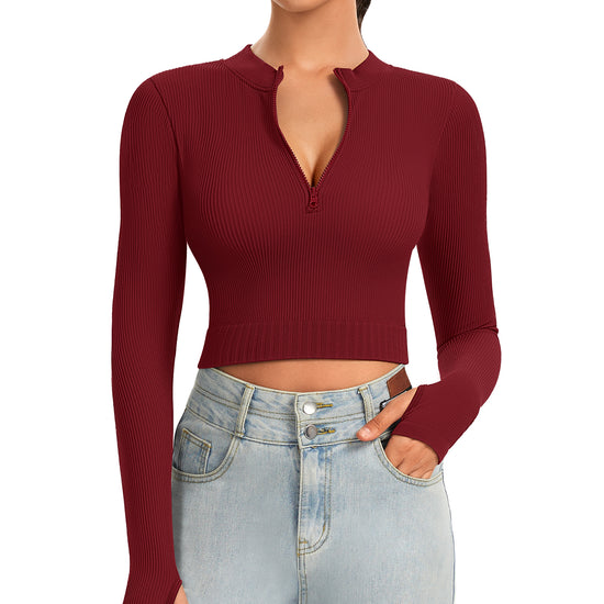 Ribbed Half-Zip Turtleneck Crop Top