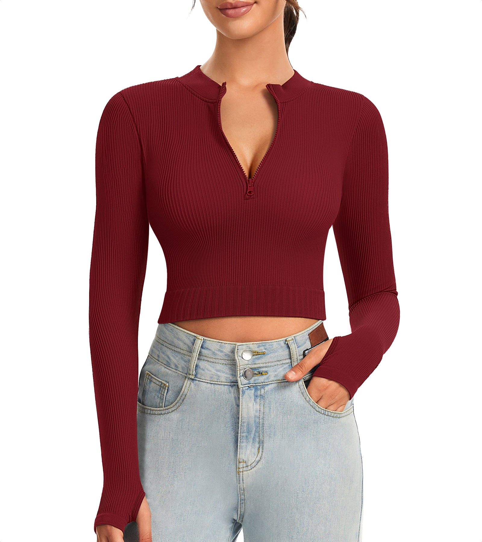 Ribbed Half-Zip Turtleneck Crop Top