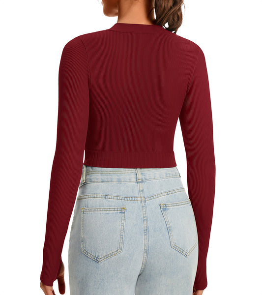 Ribbed Half-Zip Turtleneck Crop Top