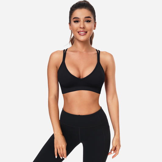 VEQING Seamless V-Neck Women Sports Bras for Small Chests Black