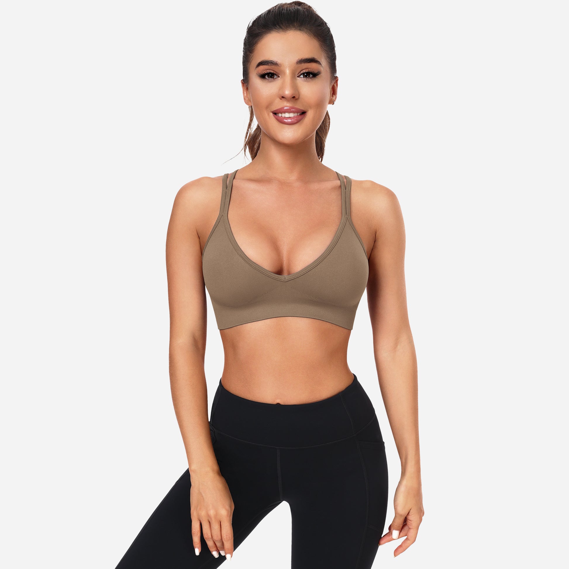 VEQING Seamless V-Neck Women Sports Bras for Small Chests Brown