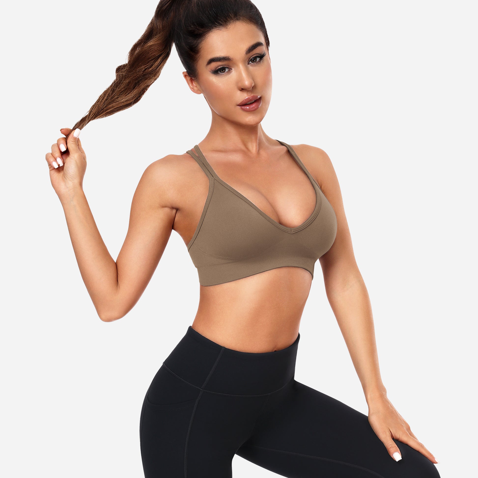 VEQING Seamless V-Neck Women Sports Bras for Small Chests Brown