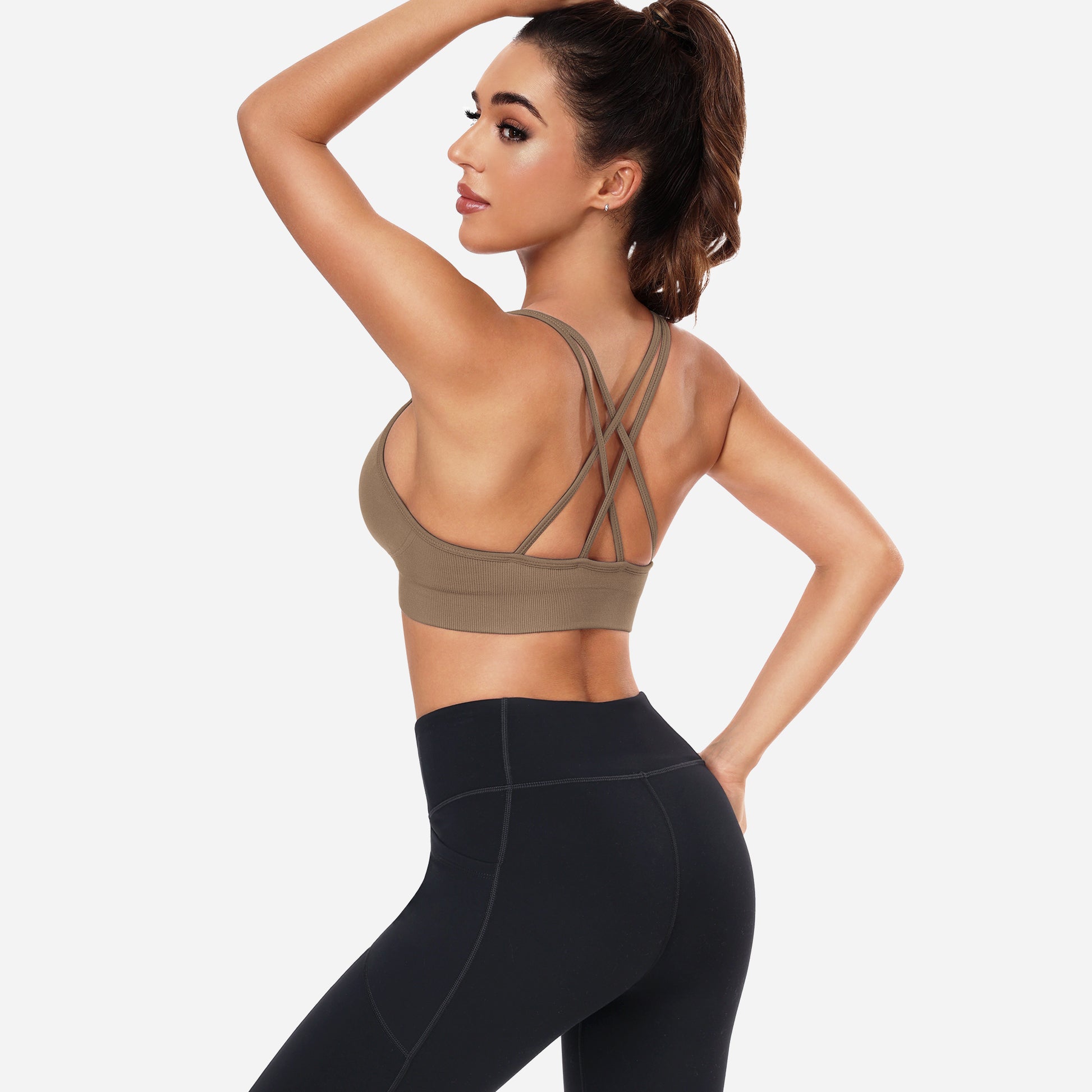 VEQING Seamless V-Neck Women Sports Bras for Small Chests Brown
