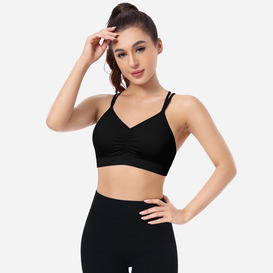 VEQKING Ruched Sports Bras for Women Large Bust, Seamless Padded Strappy Medium Support Yoga Bra Black
