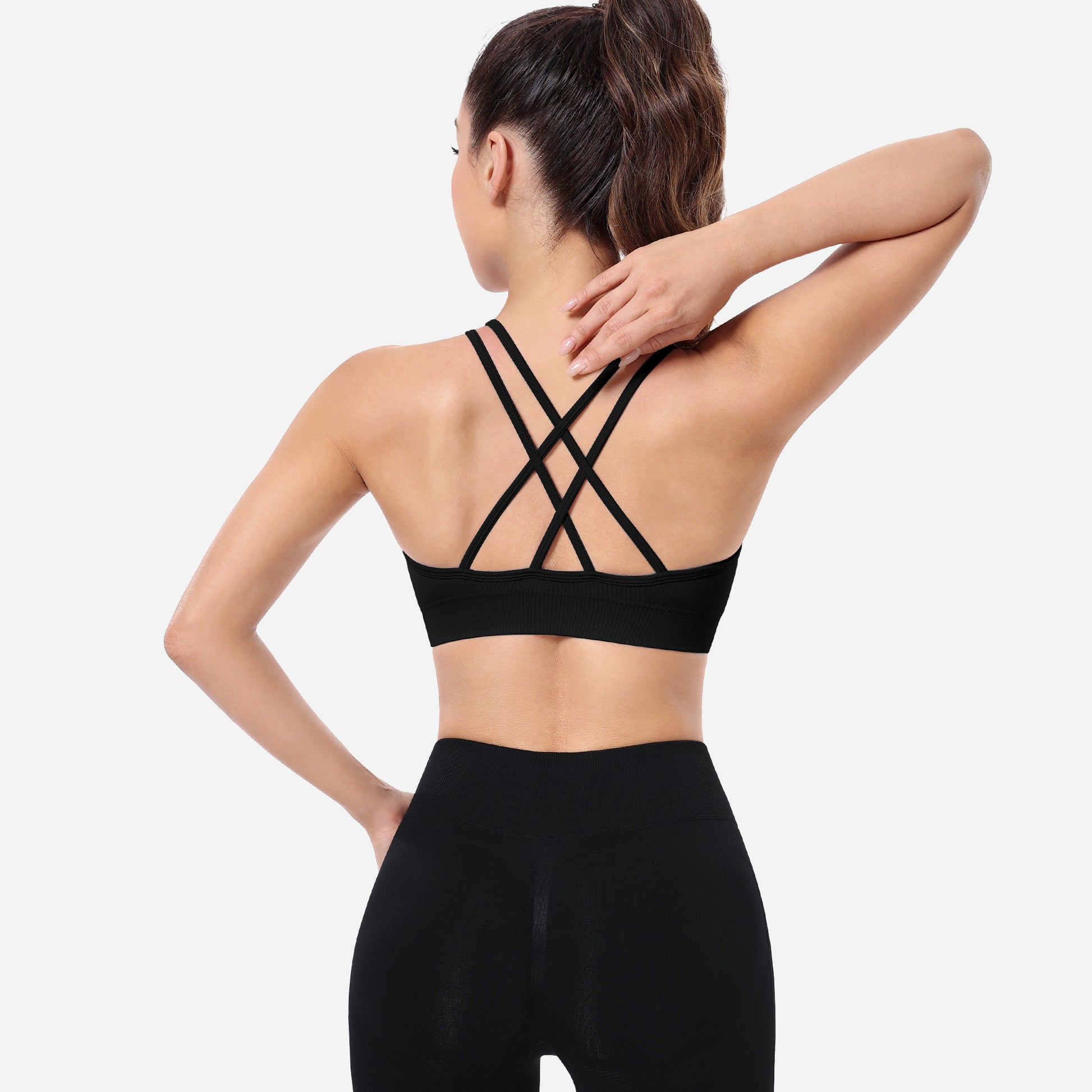 VEQKING Ruched Sports Bras for Women Large Bust, Seamless Padded Strappy Medium Support Yoga Bra Black