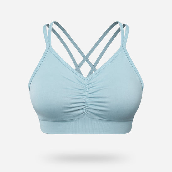 VEQKING Ruched Sports Bras for Women Large Bust, Seamless Padded Strappy Medium Support Yoga Bra Blue