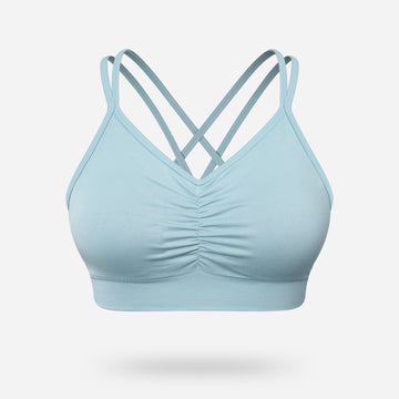 VEQKING Ruched Sports Bras for Women Large Bust, Seamless Padded Strappy Medium Support Yoga Bra Blue