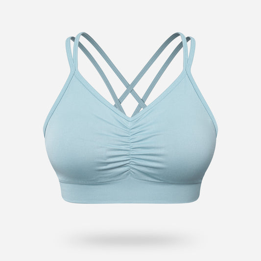 VEQKING Ruched Sports Bras for Women Large Bust, Seamless Padded Strappy Medium Support Yoga Bra Blue