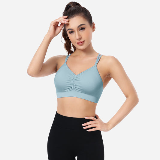 VEQKING Ruched Sports Bras for Women Large Bust, Seamless Padded Strappy Medium Support Yoga Bra Blue